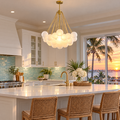 Bulle bubble chandelier in gold &amp; white frosted glass, ∅29.5" x H29.5", in a Florida coastal home kitchen