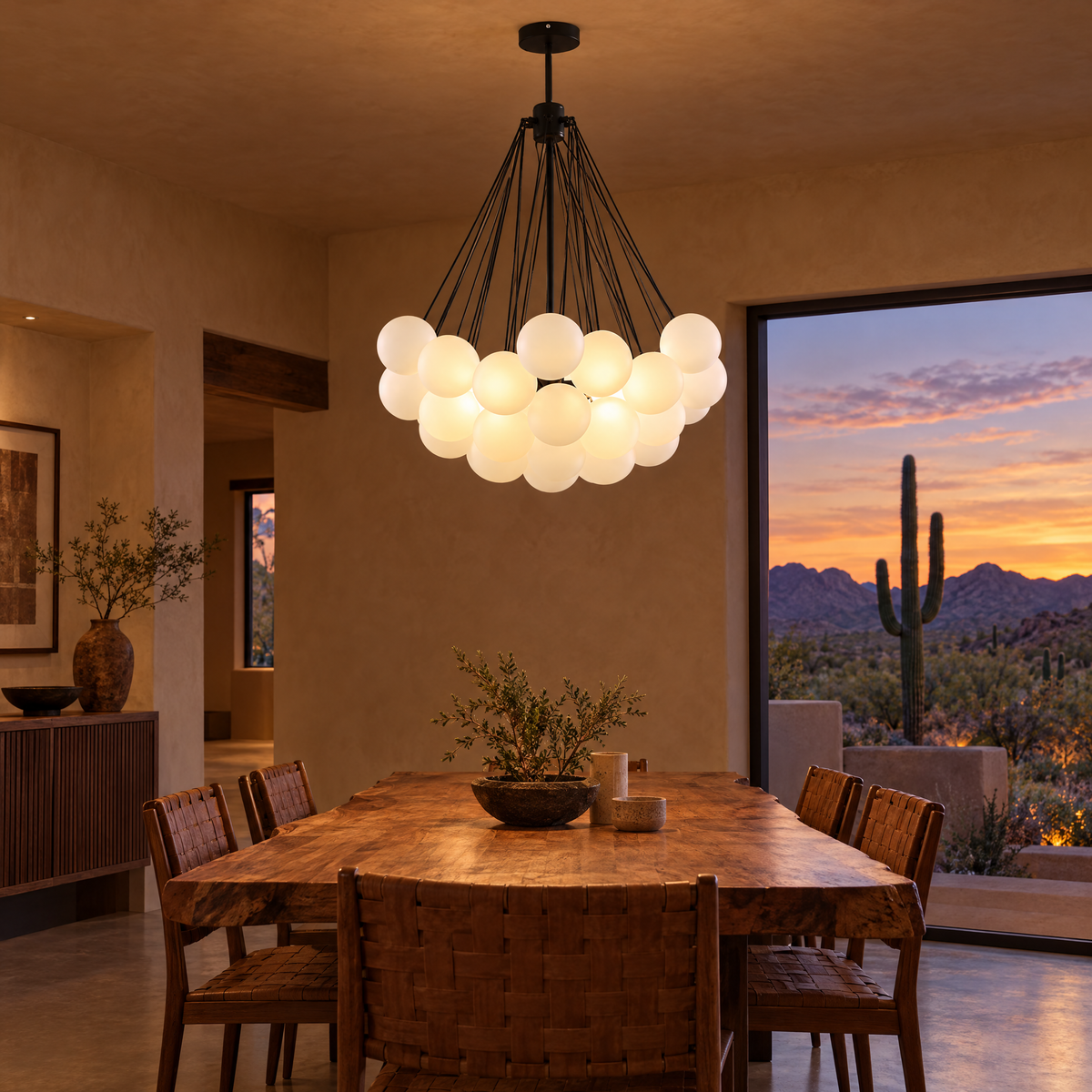 Bulle bubble chandelier in black &amp; white frosted glass, ∅29.5" x H29.5", in an Arizona desert modern adobe dining room