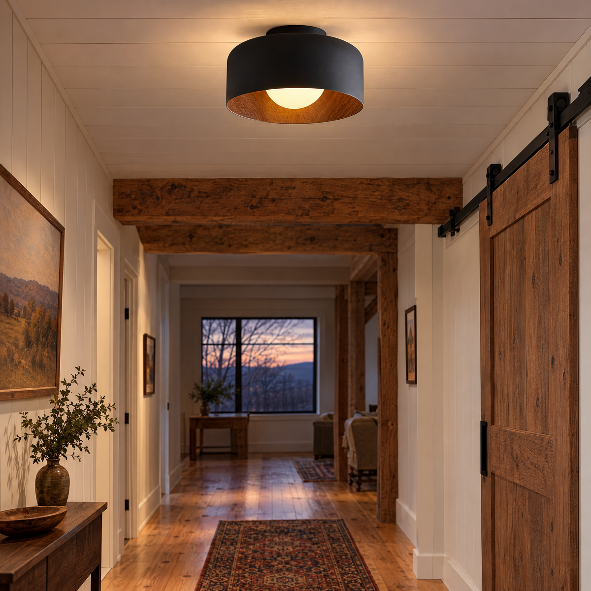 Lumosphere ceiling light in black &amp; walnut grain in an Upstate New York barn conversion hallway