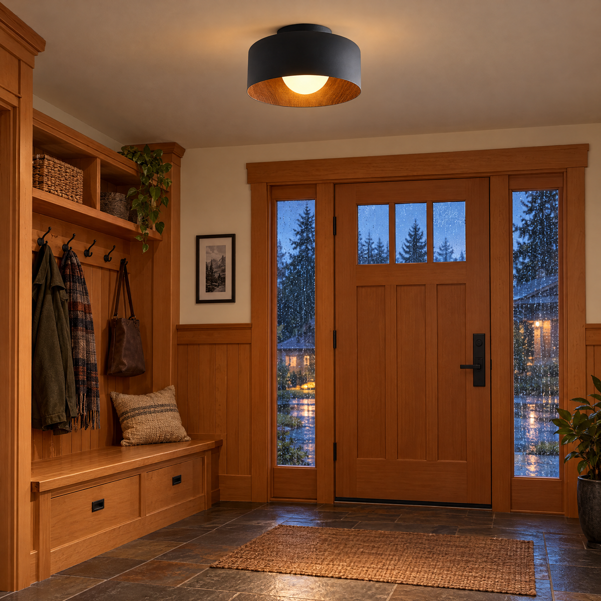 Lumosphere ceiling light in black &amp; walnut grain in a Pacific Northwest craftsman entryway
