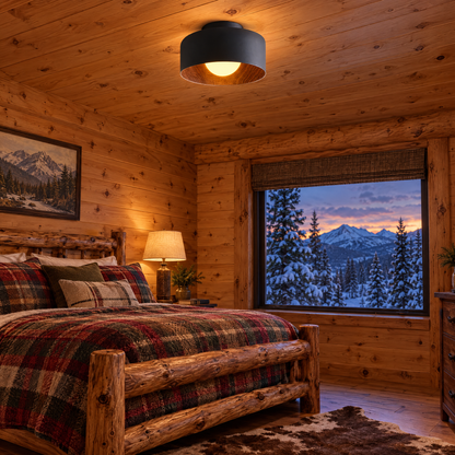 Lumosphere ceiling light in black &amp; walnut grain in a Colorado mountain lodge bedroom