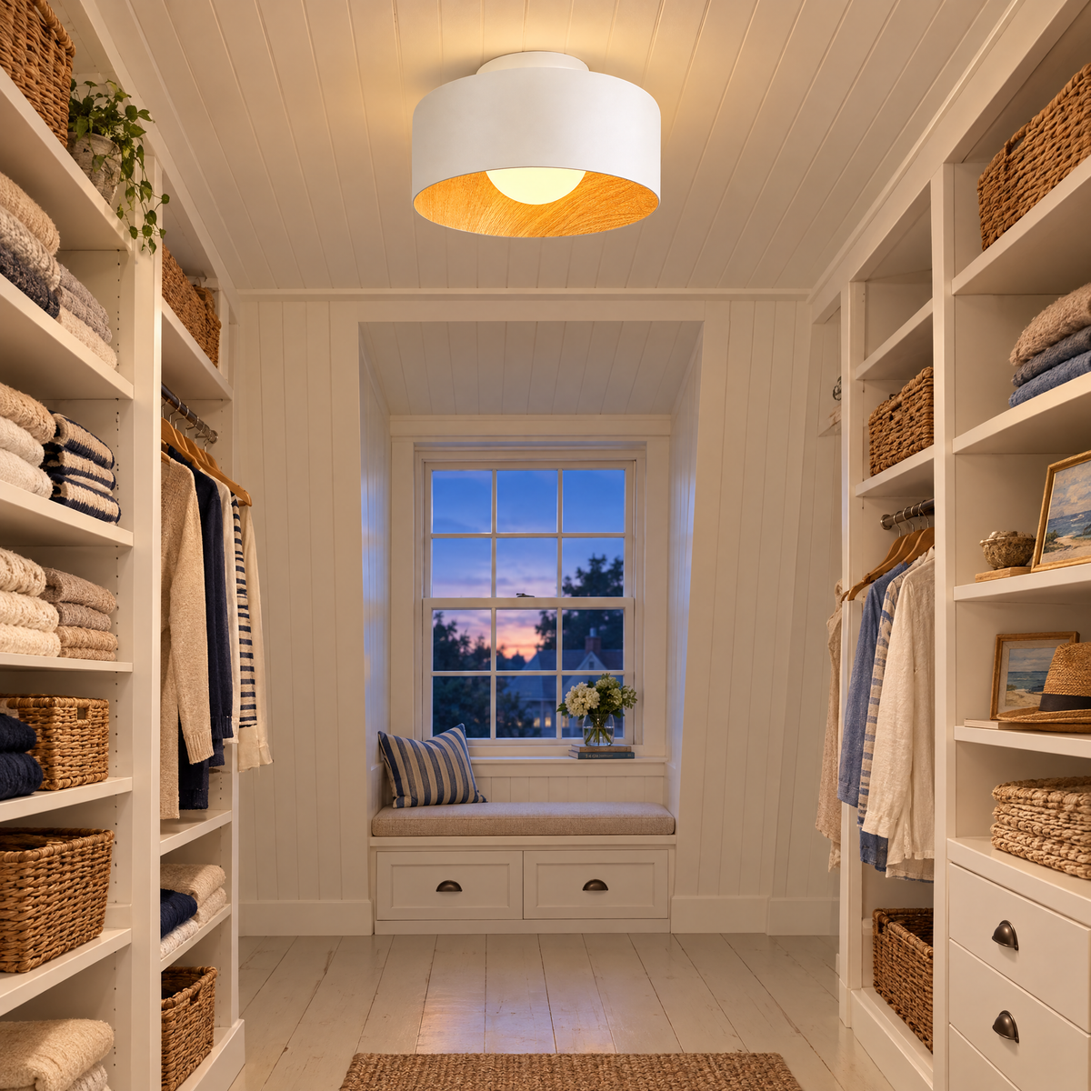 Lumosphere ceiling light in white &amp; wood grain in a Cape Cod cottage walk-in closet