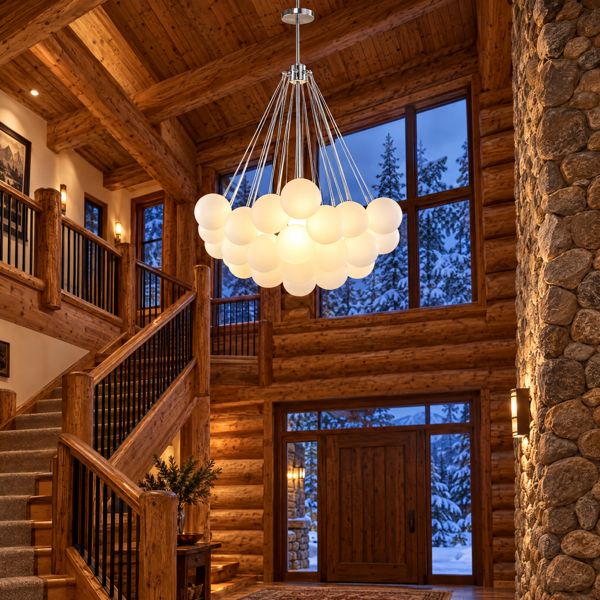 Bulle bubble chandelier in chrome &amp; white frosted glass, ∅29.5" x H29.5", in a Colorado mountain lodge foyer