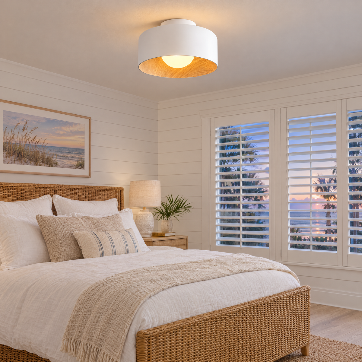 Lumosphere ceiling light in white &amp; wood grain in a Florida coastal home bedroom
