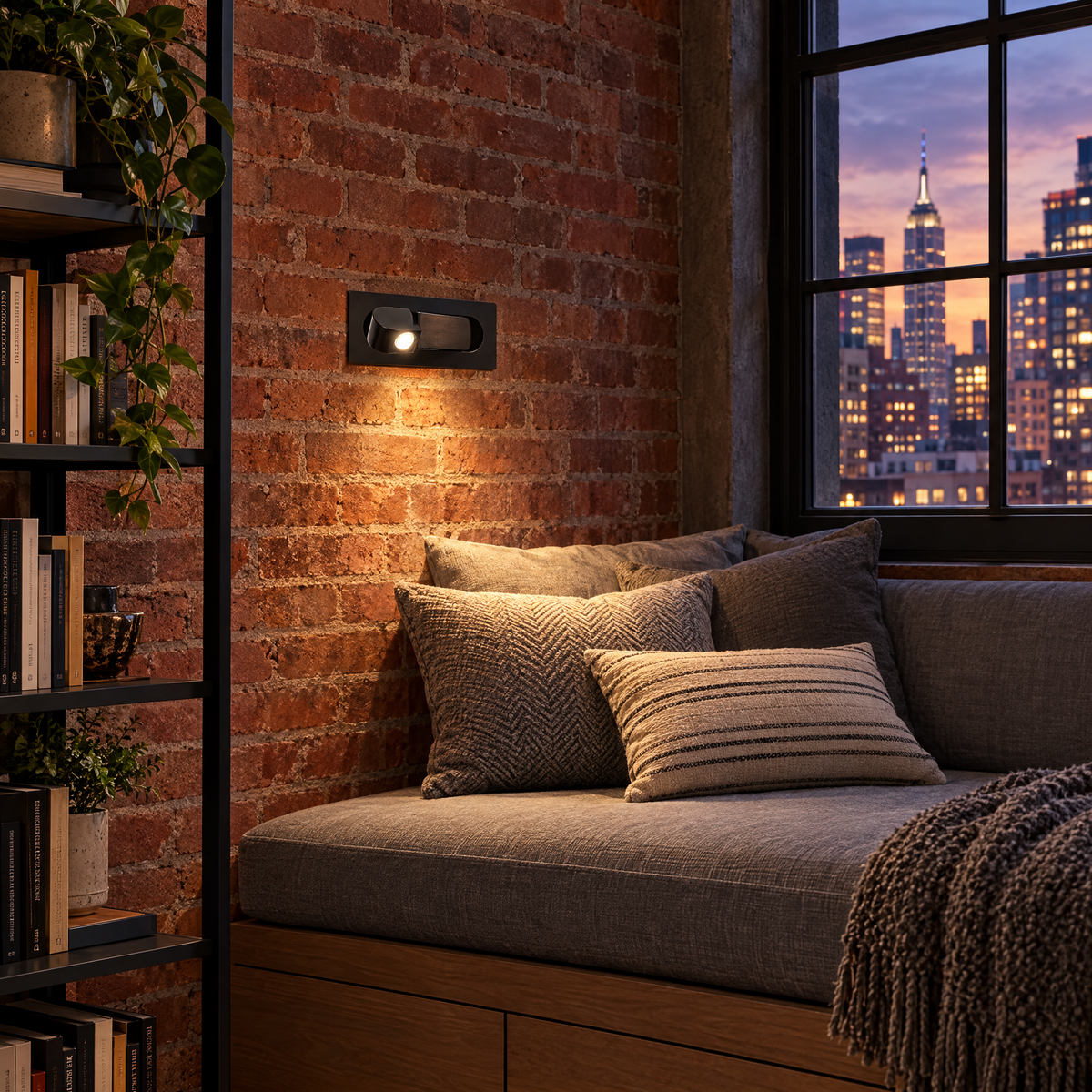 Lectra bedside reading wall light in matte black in a Manhattan loft reading nook