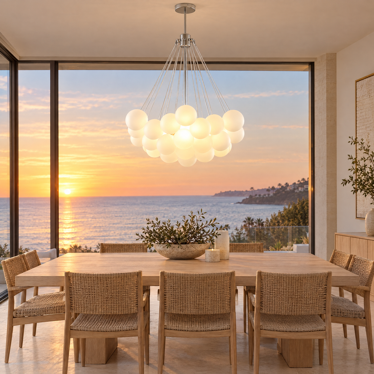 Bulle bubble chandelier in chrome &amp; white frosted glass, ∅31.5" x H39.4", in a Malibu contemporary dining room