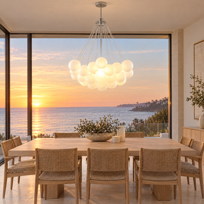 Bulle bubble chandelier in chrome &amp; white frosted glass, ∅31.5" x H39.4", in a Malibu contemporary dining room