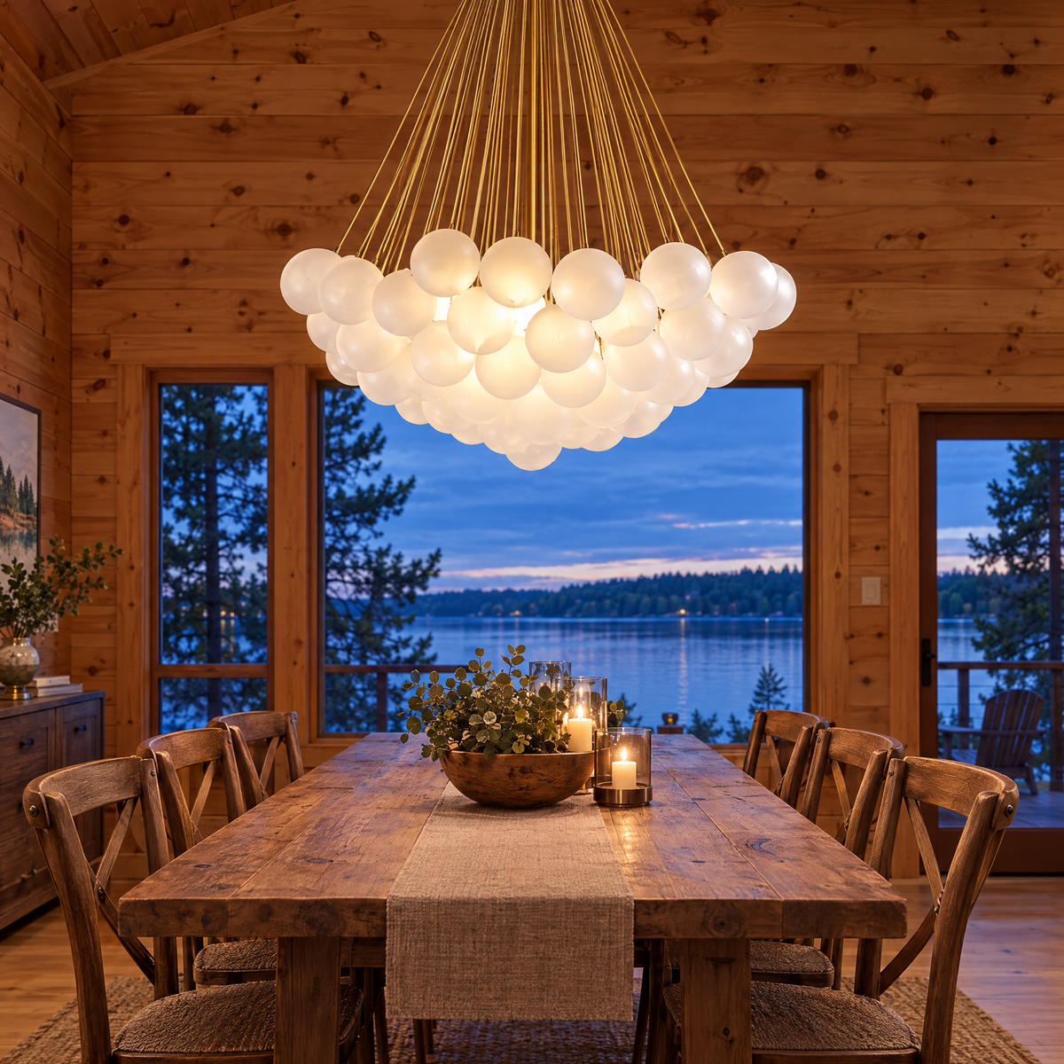 Bulle bubble chandelier in gold &amp; white frosted glass, ∅39.4" x H59", in a Minnesota lake house dining room