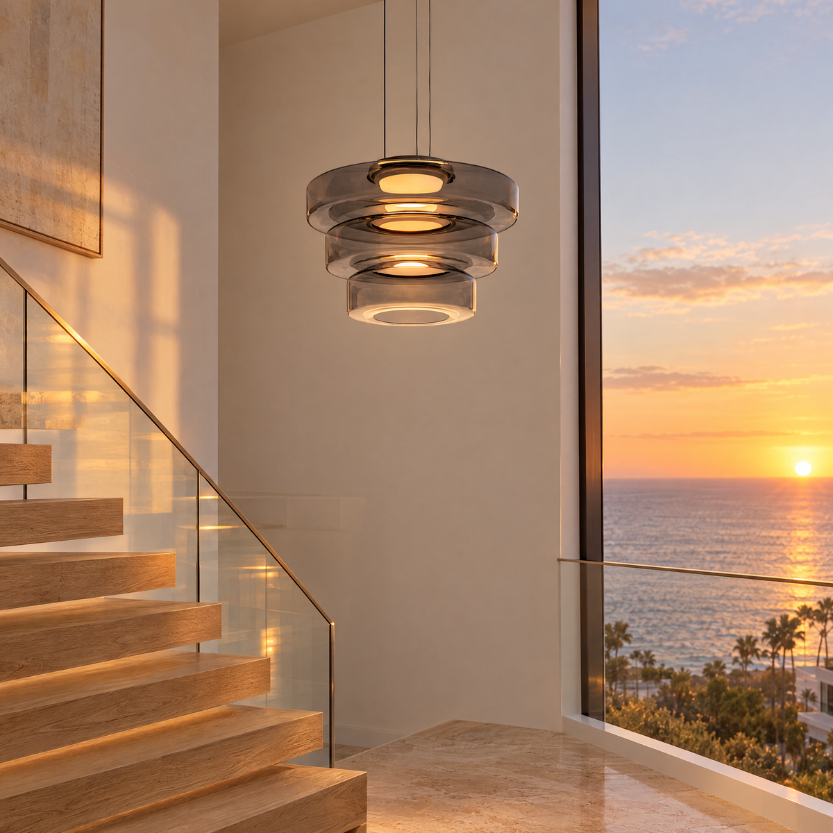 Echelon glass pendant light in smoke grey with 3 glass layers in a Malibu contemporary stairwell