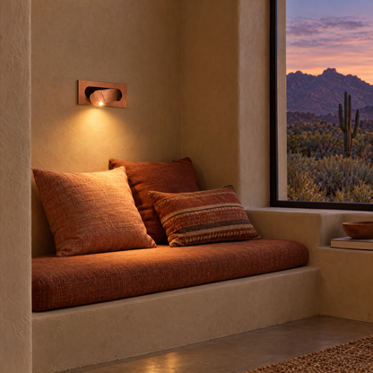 Lectra bedside reading wall light in copper in an Arizona desert modern adobe reading nook