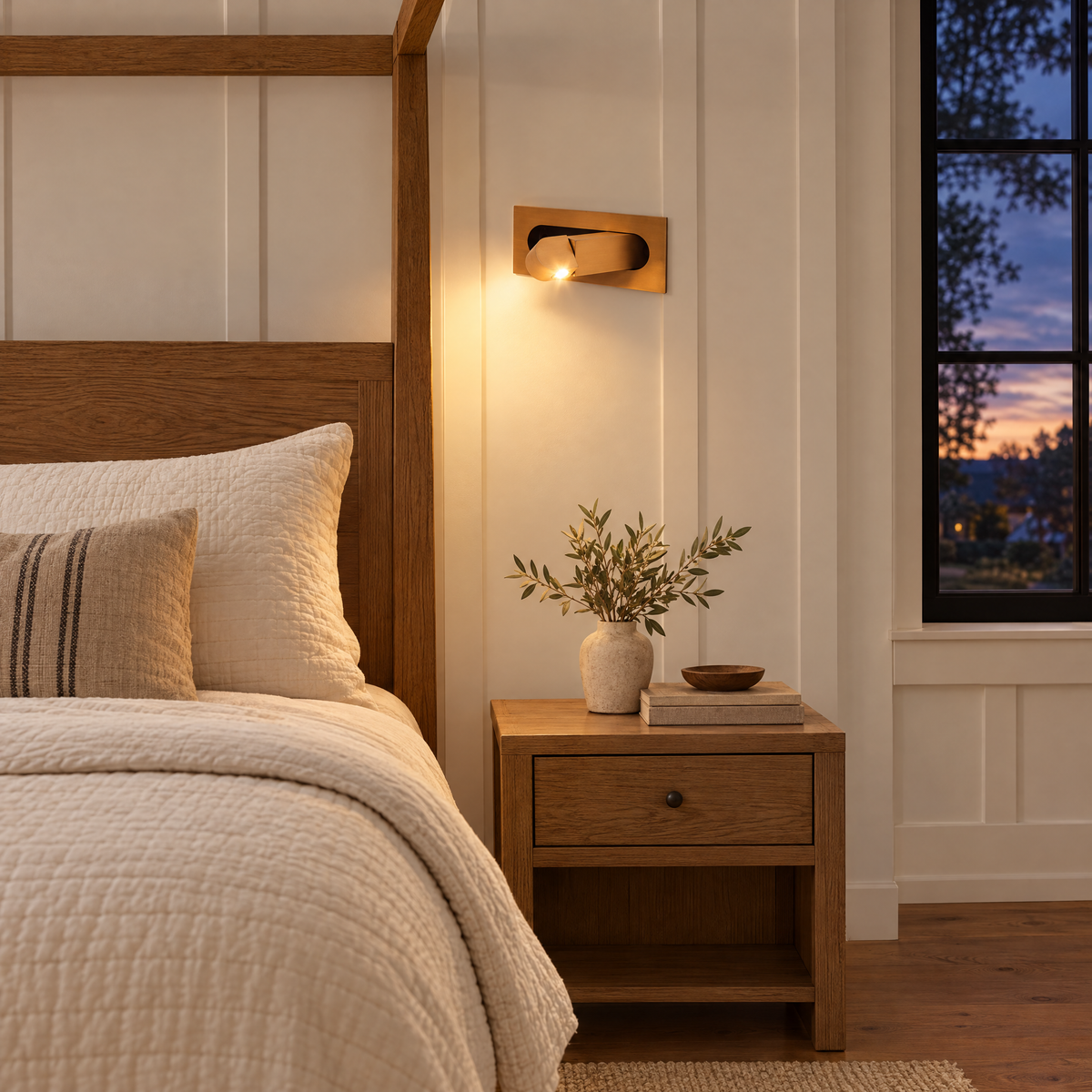 Lectra bedside reading wall light in copper in a Nashville modern farmhouse bedroom