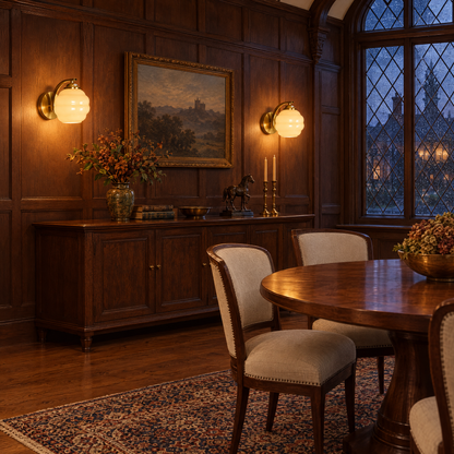 Deauville Art Deco wall sconce in Gold &amp; Beige Glass in a Tudor Revival dining room