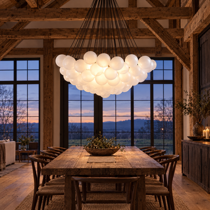 Bulle bubble chandelier in black &amp; white frosted glass, ∅39.4" x H59", in an Upstate New York barn conversion dining room