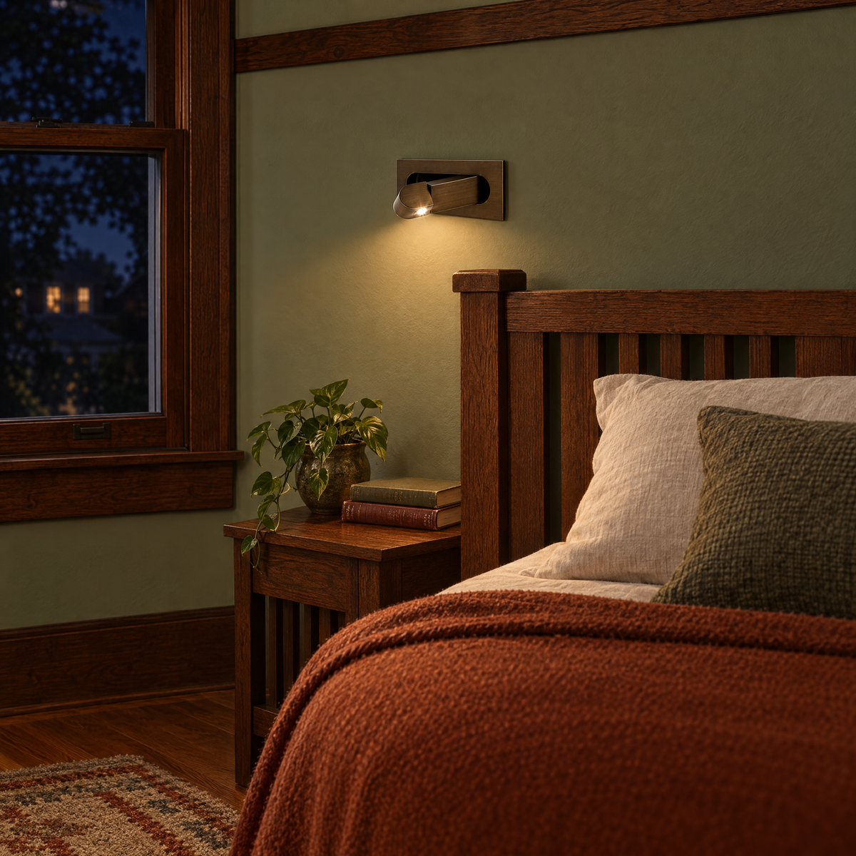 Lectra bedside reading wall light in bronze in a Craftsman bungalow bedroom