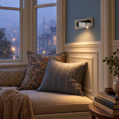 Lectra bedside reading wall light in nickel in a Victorian San Francisco row house reading nook