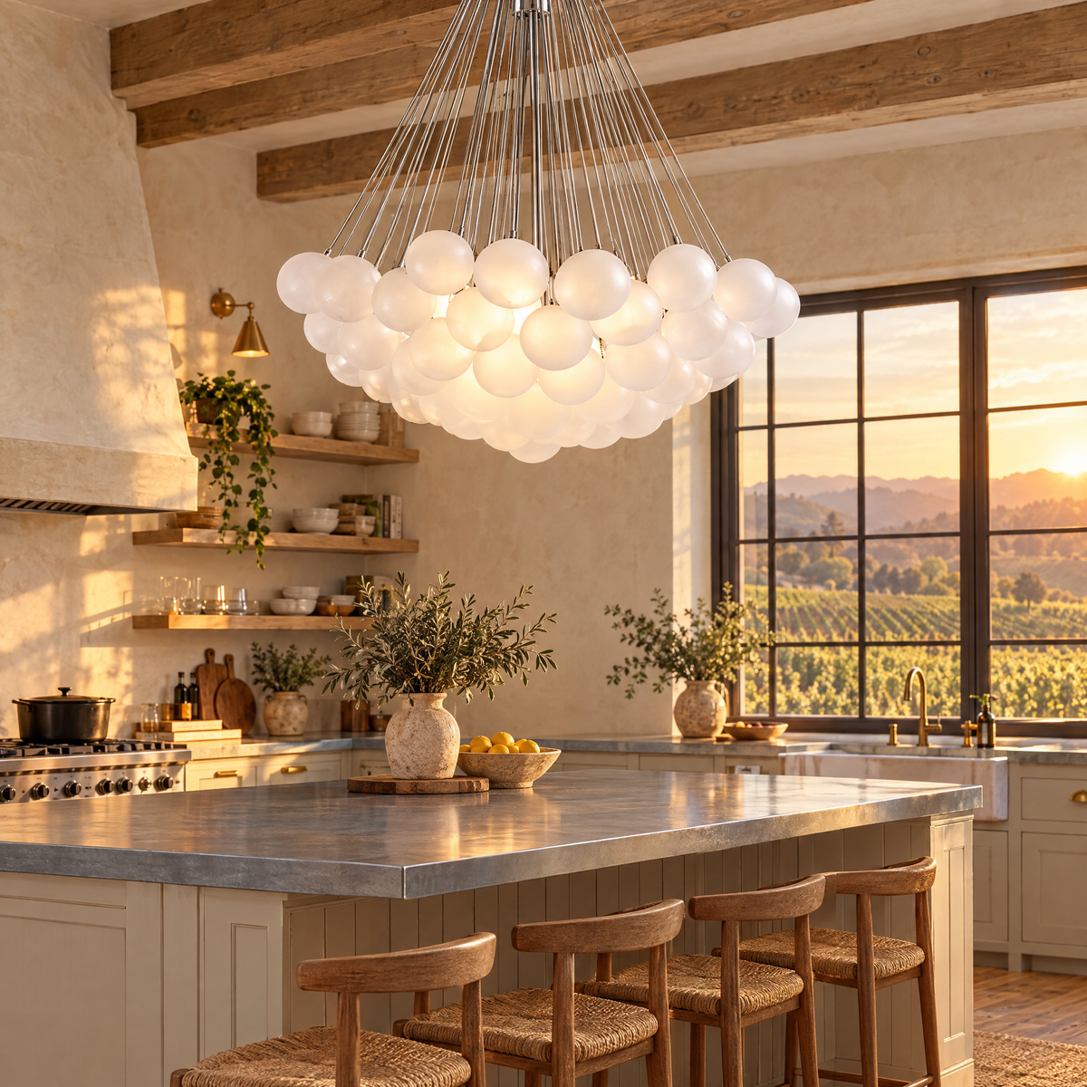 Bulle bubble chandelier in chrome &amp; white frosted glass, ∅39.4" x H59", in a Napa Valley farmhouse kitchen