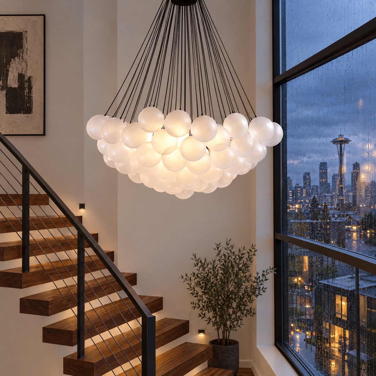 Bulle bubble chandelier in black &amp; white frosted glass, ∅39.4" x H59", in a Seattle modern townhouse stairwell