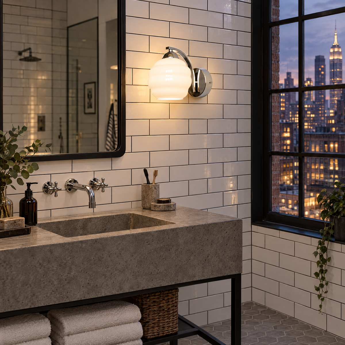 Deauville Art Deco wall sconce in Chrome &amp; White Glass in a Manhattan loft bathroom