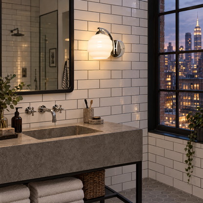 Deauville Art Deco wall sconce in Chrome &amp; White Glass in a Manhattan loft bathroom