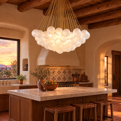 Bulle bubble chandelier in gold &amp; white frosted glass, ∅39.4" x H59", in a Santa Fe pueblo-style kitchen
