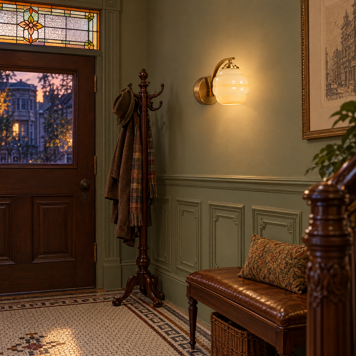 Deauville Art Deco wall sconce in Gold &amp; Beige Glass in a Victorian San Francisco row house entryway