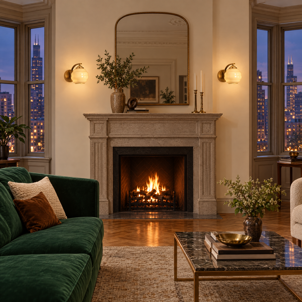 Deauville Art Deco wall sconce in Gold &amp; Beige Glass in a Chicago greystone living room