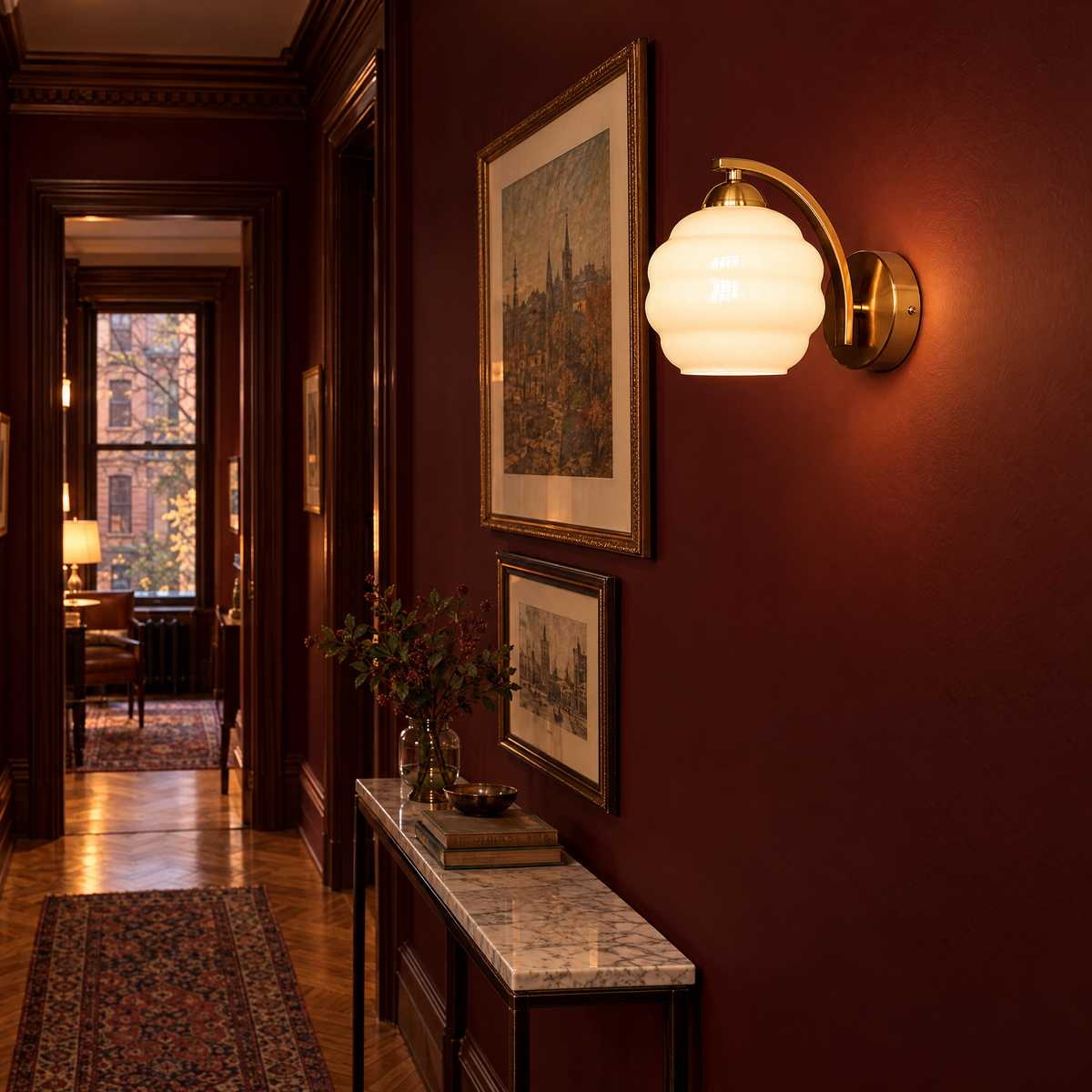 Deauville Art Deco wall sconce in Gold &amp; White Glass in a Brooklyn brownstone hallway