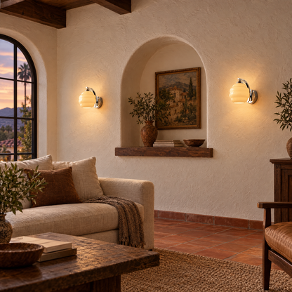 Deauville Art Deco wall sconce in Chrome &amp; Beige Glass in a California Spanish Revival living room