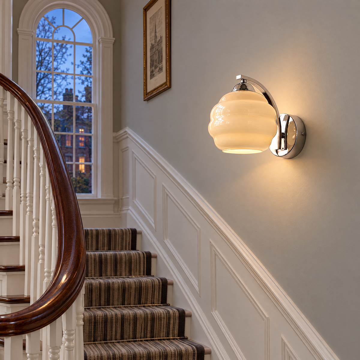 Deauville Art Deco wall sconce in Chrome &amp; Beige Glass in a Boston Georgian townhouse stairwell