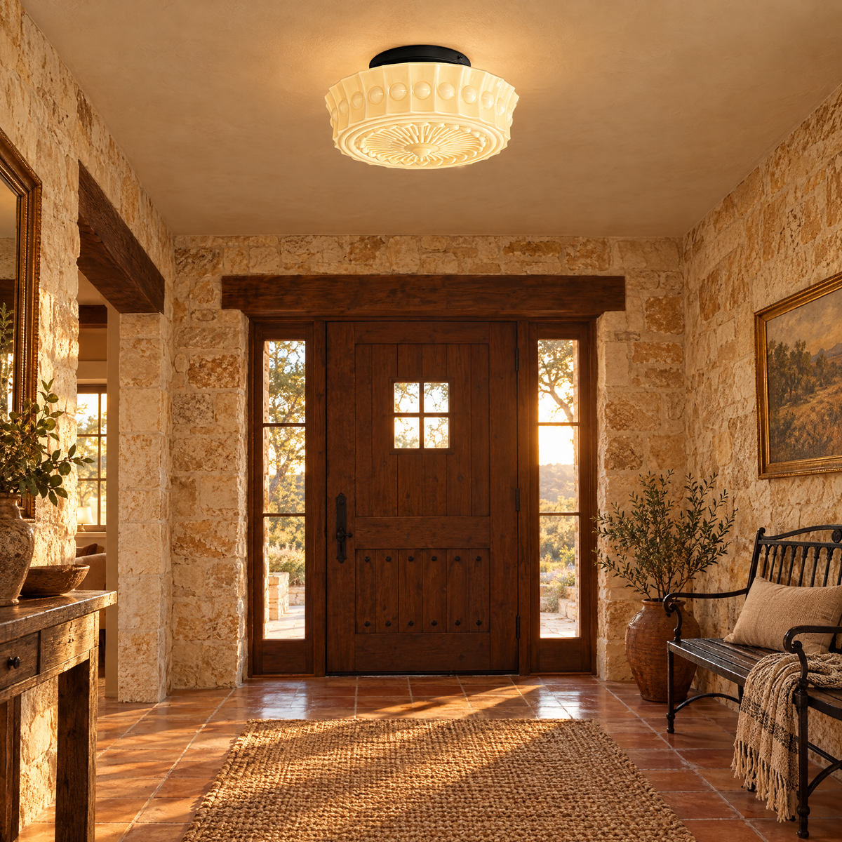 Hartwell flush mount ceiling light in Black &amp; Beige in a Texas Hill Country stone house foyer