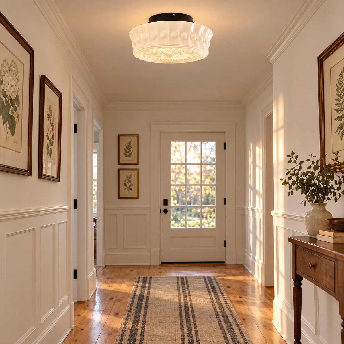 Hartwell flush mount ceiling light in Black &amp; White in a New England colonial hallway