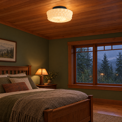 Hartwell flush mount ceiling light in Black &amp; Beige in a Pacific Northwest craftsman bedroom