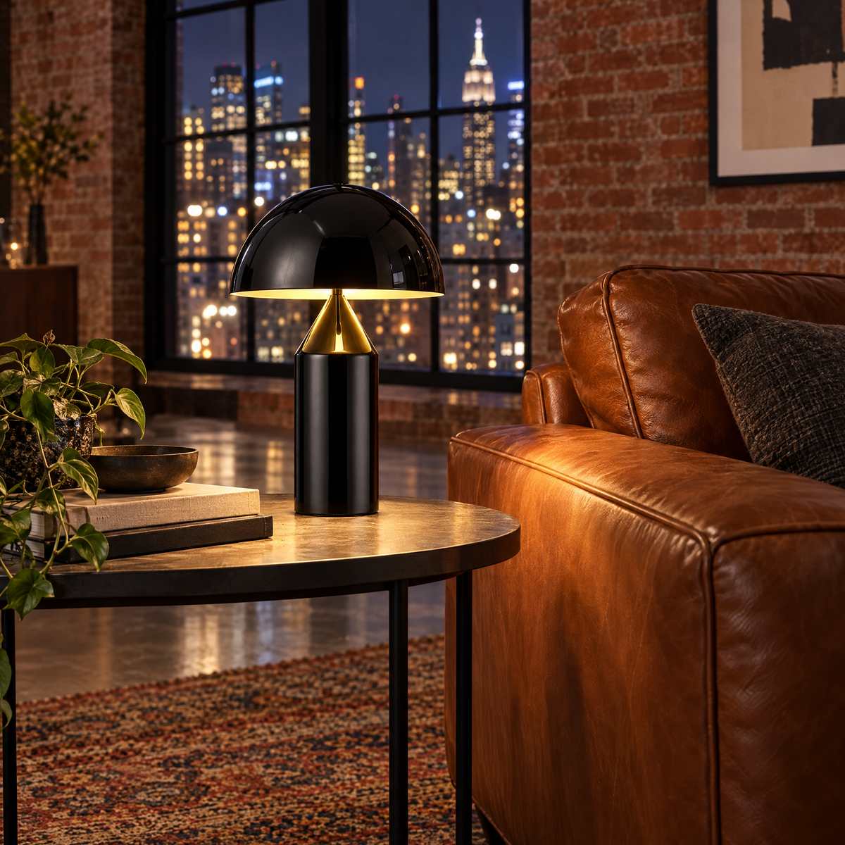 Dorsey mushroom table lamp in gloss black in a Manhattan loft living room