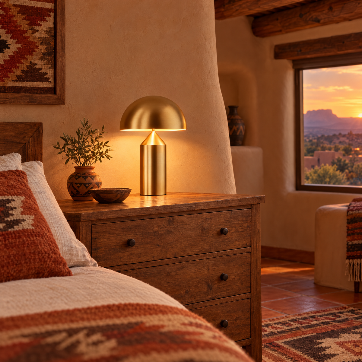 Dorsey mushroom table lamp in copper in a Santa Fe pueblo-style bedroom