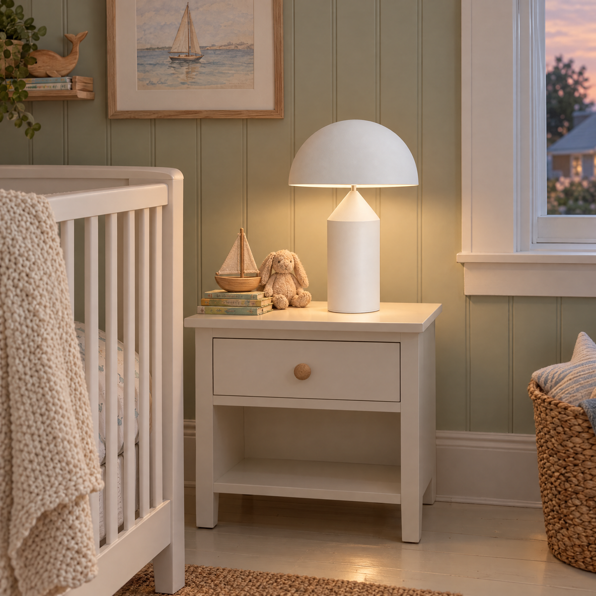 Dorsey mushroom table lamp in matte white in a Cape Cod cottage nursery
