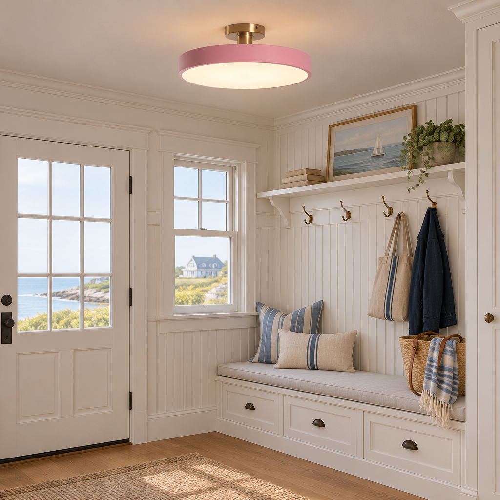 Tuva Flush Mount LED Ceiling Light, Pink, in a coastal New England cottage entryway with beadboard and a bench