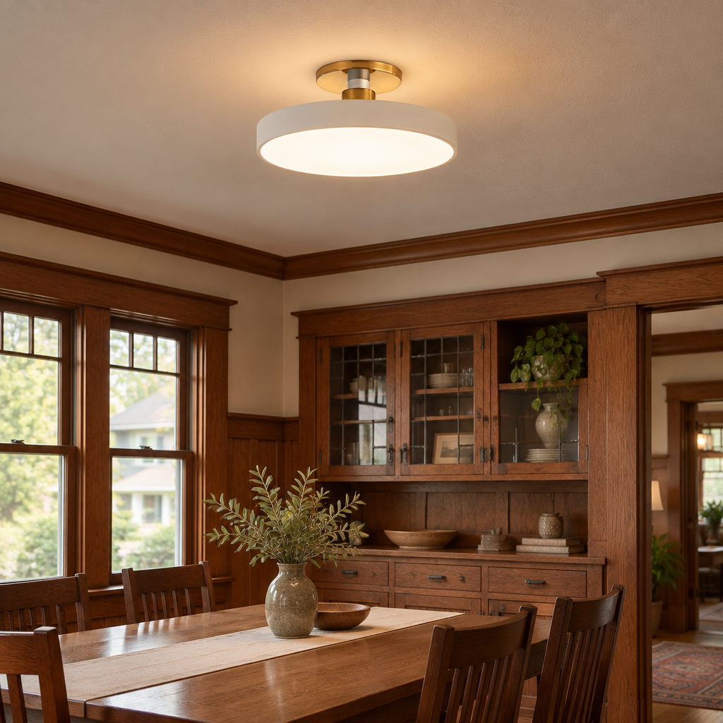 Tuva Flush Mount LED Ceiling Light, White, in a craftsman bungalow dining room with wood trim and built-in cabinets