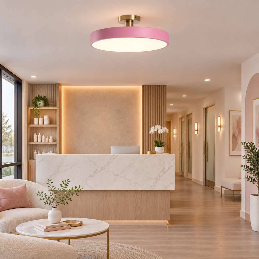Tuva Flush Mount LED Ceiling Light, Pink, in a medical spa reception area in a suburban office park