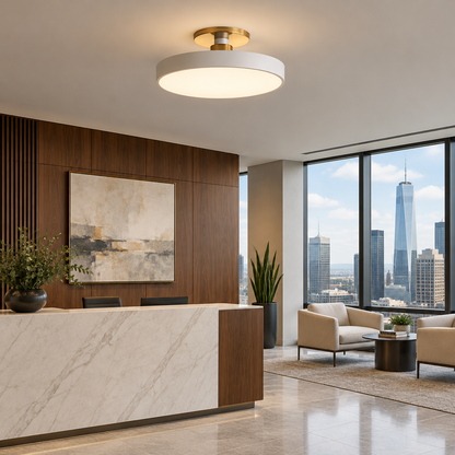 Tuva Flush Mount LED Ceiling Light, White, in a modern law office reception area in a U.S. high rise