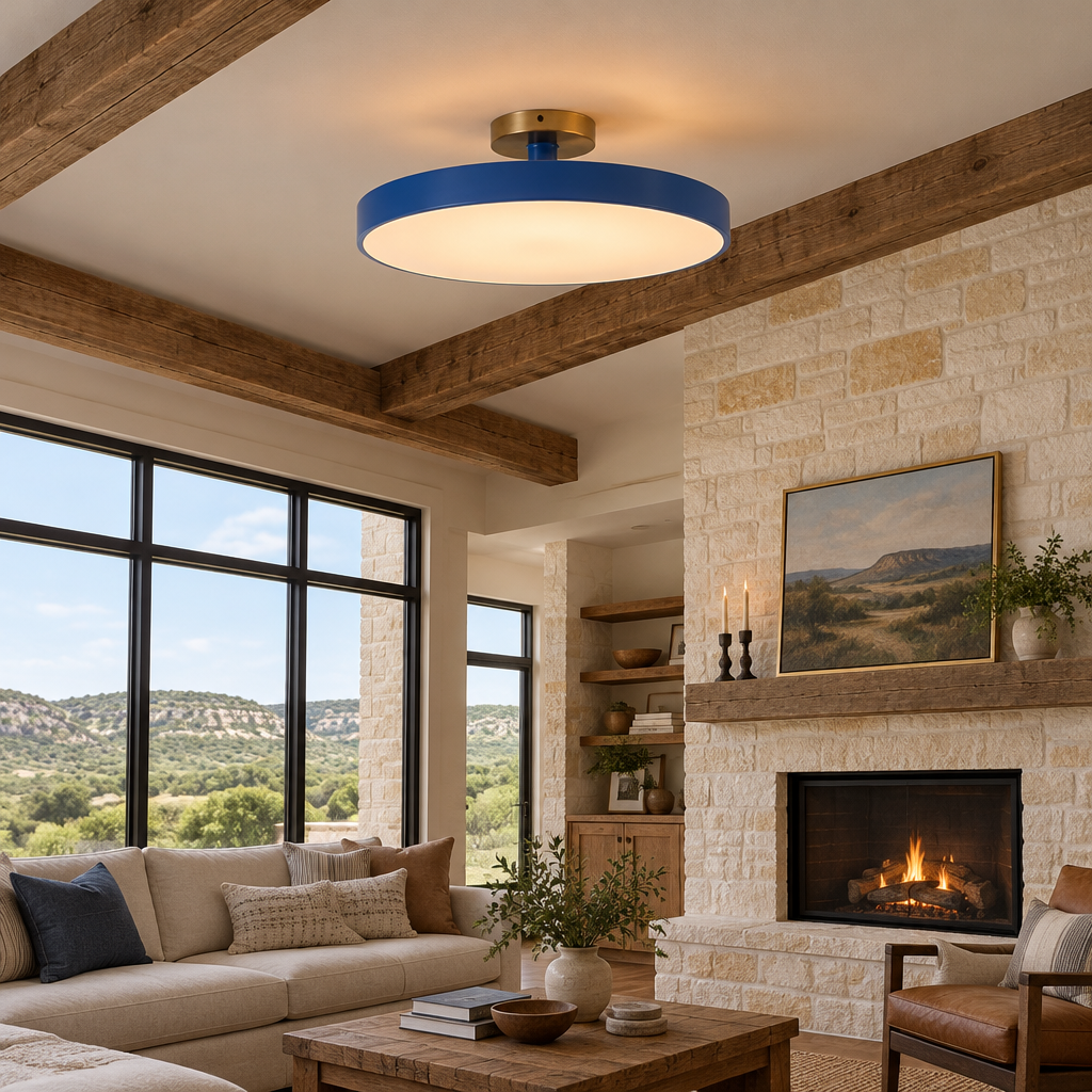 Tuva Flush Mount LED Ceiling Light, Blue, in a Texas hill country great room with exposed beams and limestone accents