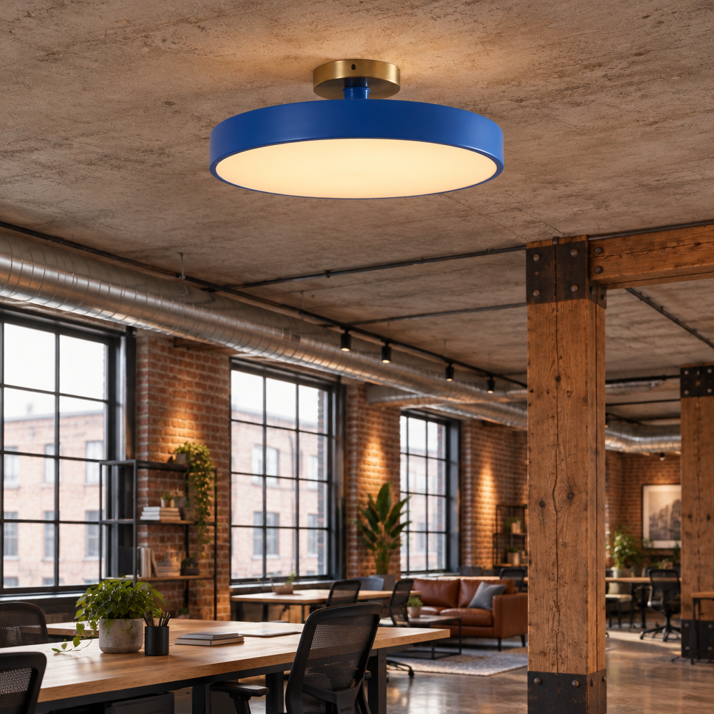 Tuva Flush Mount LED Ceiling Light, Blue, in a co-working space in a converted warehouse