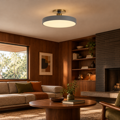 Tuva Flush Mount LED Ceiling Light, Grey, in a mid-century ranch house den with walnut paneling and a low sofa