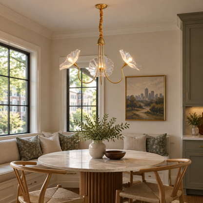 Ulani Lotus Leaf Glass Chandelier, 3 Lights Gold and Clear, in an Atlanta townhouse breakfast nook with a round table