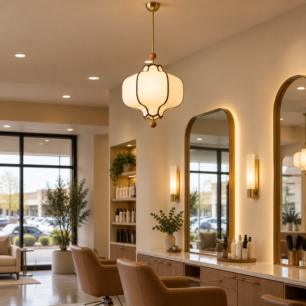 Yuki Fabric Lantern Pendant Light in an upscale hair salon in a U.S. strip mall