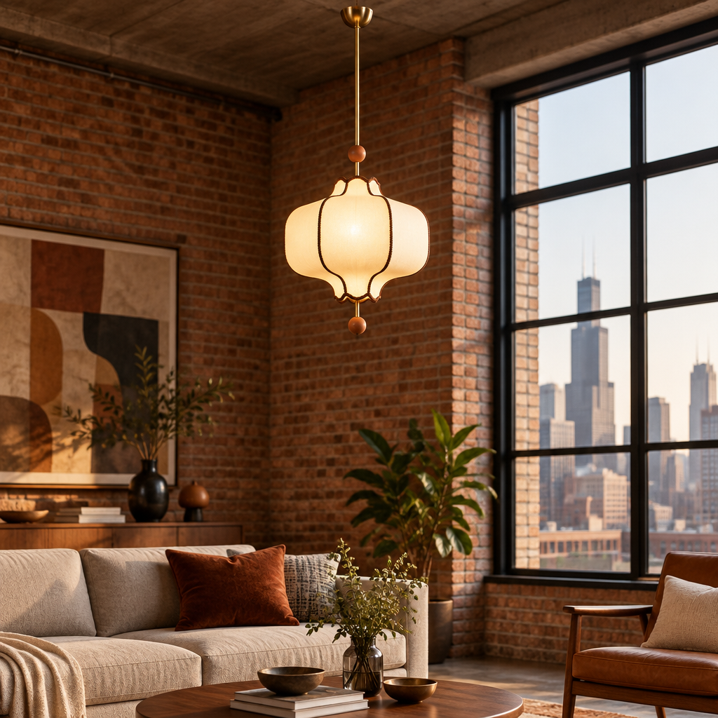 Yuki Fabric Lantern Pendant Light in a Chicago loft living area with exposed brick and large factory windows