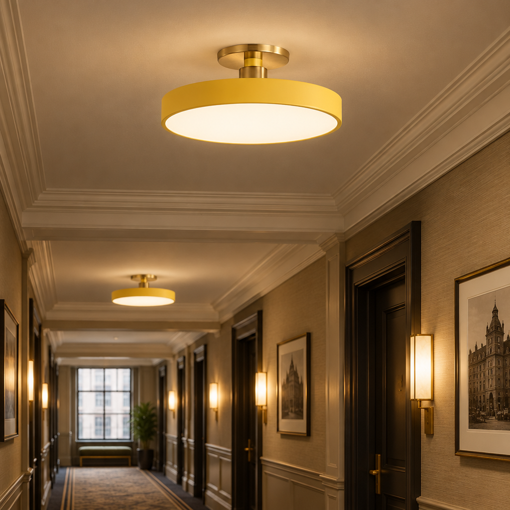 Tuva Flush Mount LED Ceiling Light, Yellow, in a hotel corridor in a renovated U.S. historic hotel