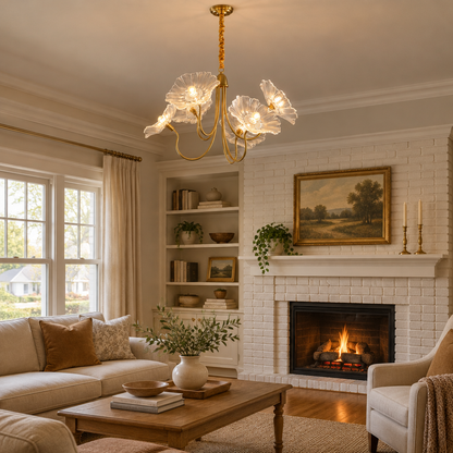 Ulani Lotus Leaf Glass Chandelier, 6 Lights Gold and Clear, in a cozy American suburban living room with a white brick fireplace and oak floors