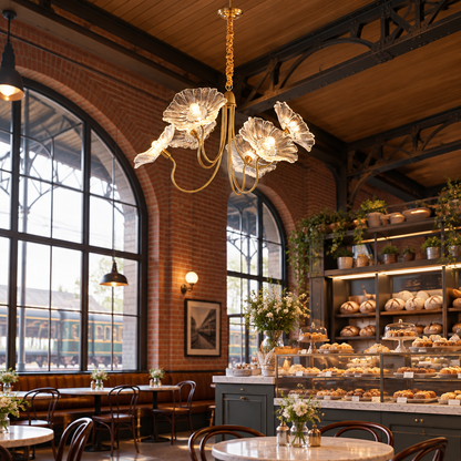 Ulani Lotus Leaf Glass Chandelier, 6 Lights Gold and Clear, in a bakery cafe in a renovated American train depot