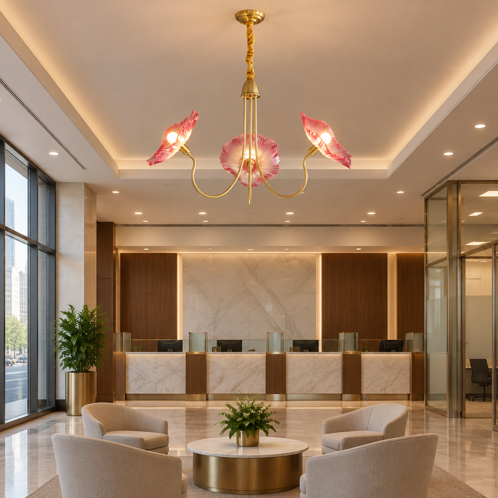 Ulani Lotus Leaf Glass Chandelier, 3 Lights Gold and Pink, in a bank branch lobby in a U.S. city