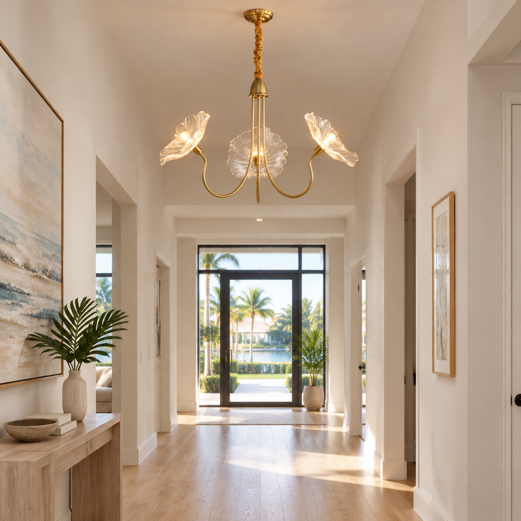 Ulani Lotus Leaf Glass Chandelier, 3 Lights Gold and Clear, in a Florida modern home hallway with light wood floors and white walls